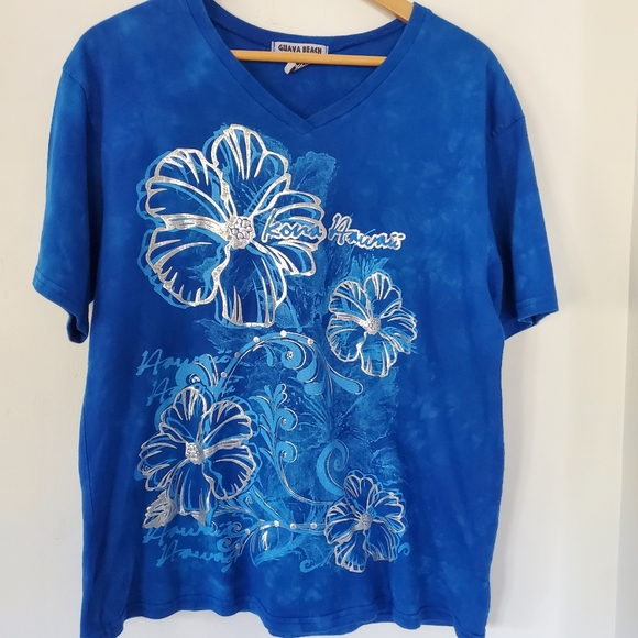 GUAVA BEACH Women M Kona Hawaii Royal Blue Silver Floral Tie Dye T Shirt SS EUC - Picture 6 of 11